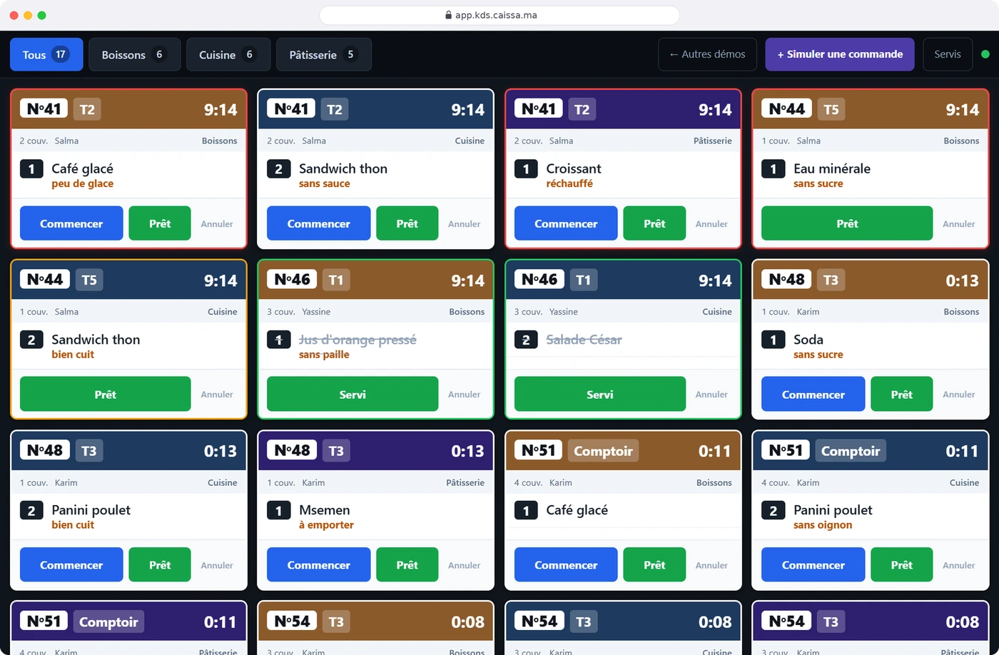 شاشة مطبخ مطعم: كل طلب كبطاقة بالتوقيت وحسب القسم
